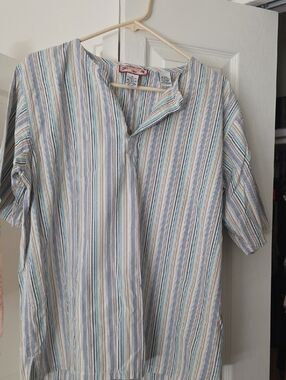 Caribbean Joe Short-Sleeve Button-Down Shirt in Blue, White & Tan Stripes